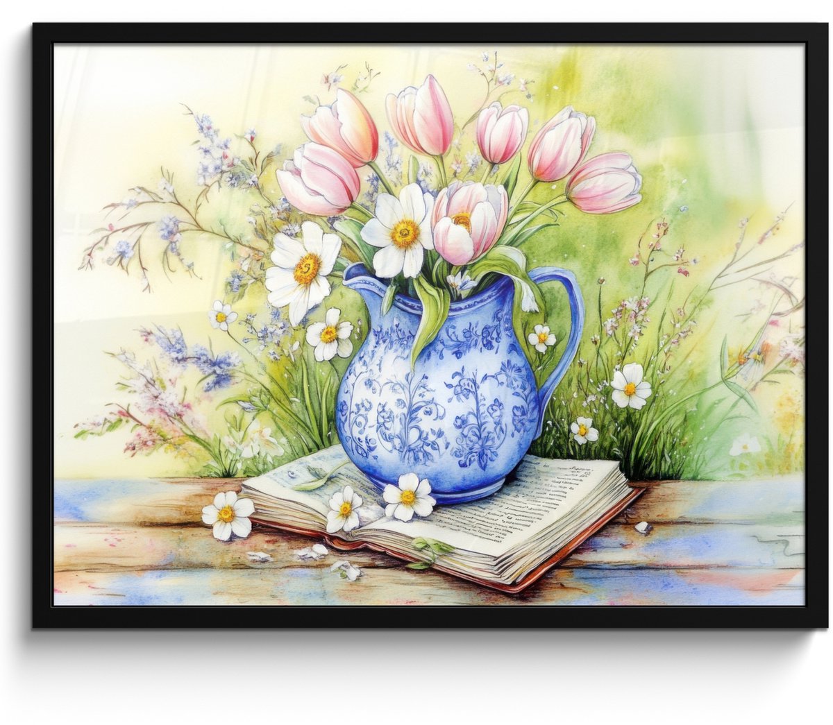 FrameYourWall Poster in lijst - Fotolijst 70x50 cm - Posters - Vaas - Delftsblauw - Madeliefjes - Posterlijst zwart - Decoratie - Wanddecoratie woonkamer - Muurdecoratie slaapkamer