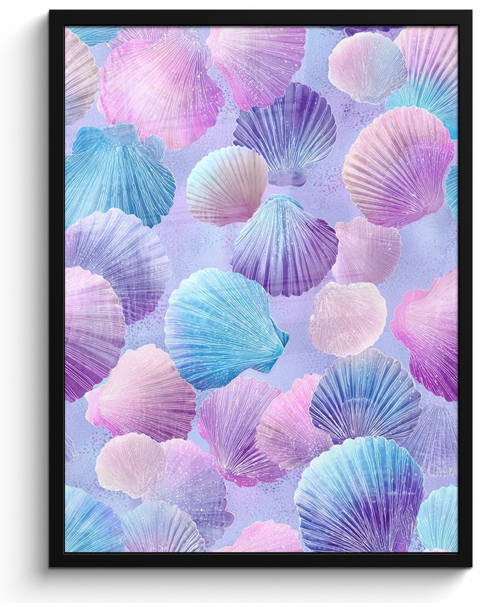 FrameYourWall Poster in lijst - Fotolijst 50x70 cm - Posters - Schelpen - Paars - Blauw - Patroon - Posterlijst zwart - Decoratie - Wanddecoratie woonkamer - Muurdecoratie slaapkamer