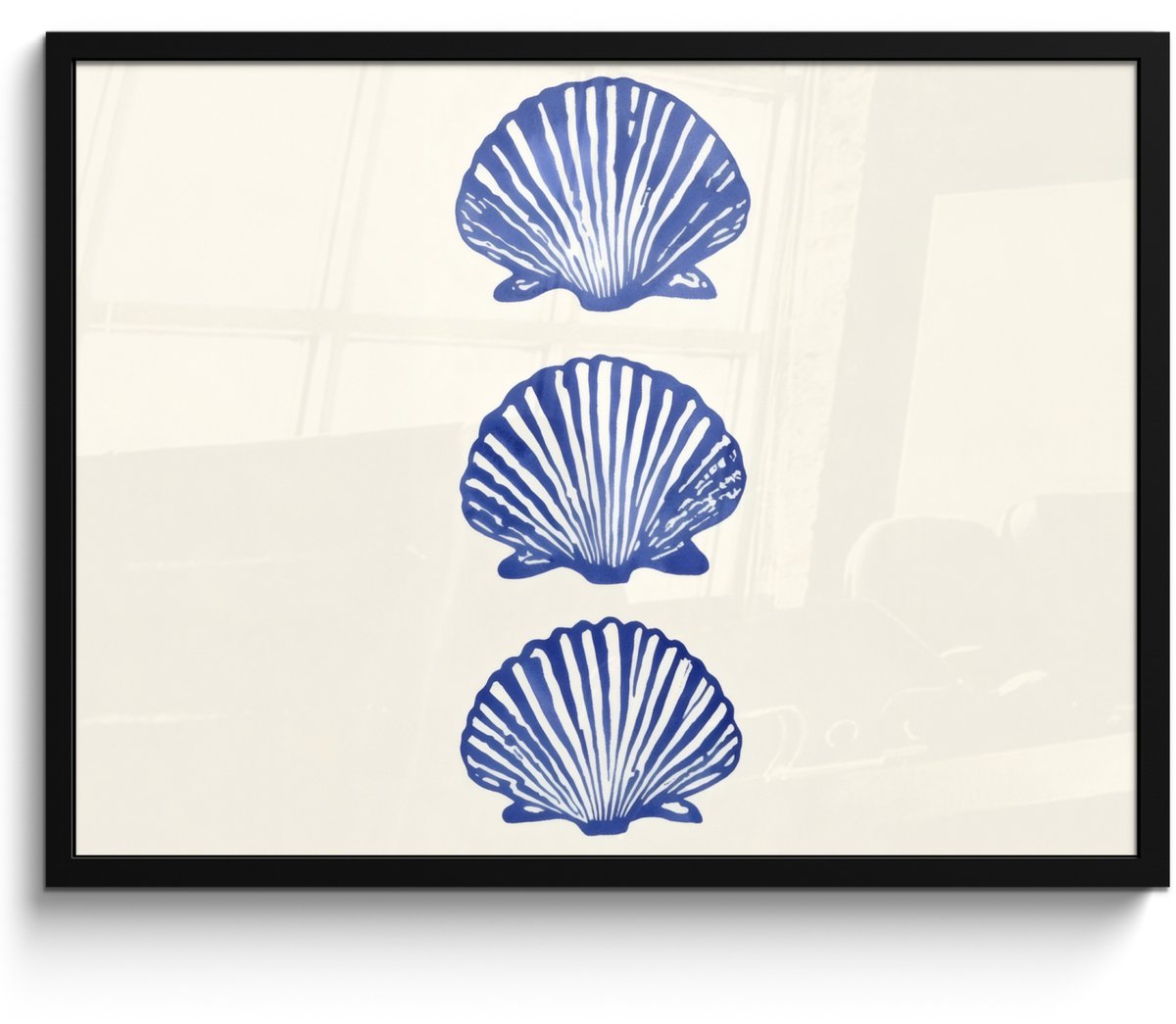 FrameYourWall Poster in lijst - Fotolijst 70x50 cm - Posters - Schelpen - Blauw - Patroon - Posterlijst zwart - Decoratie - Wanddecoratie woonkamer - Muurdecoratie slaapkamer