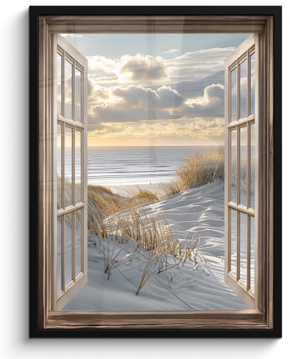 FrameYourWall Poster in lijst - Fotolijst 50x70 cm - Posters - Doorkijk - Strand - Duinen - Zee - Natuur - Posterlijst zwart - Decoratie - Wanddecoratie woonkamer - Muurdecoratie slaapkamer