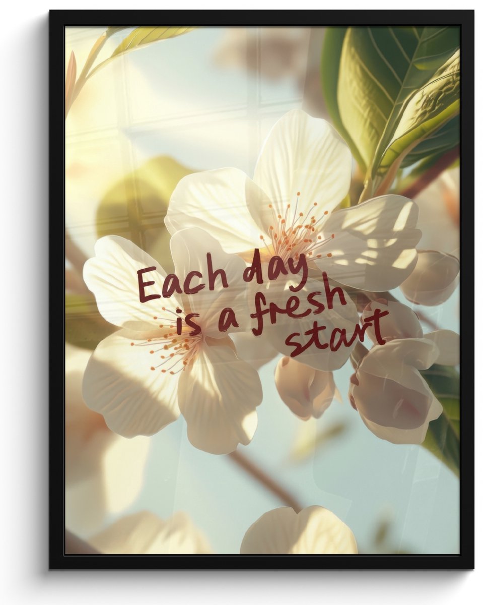 FrameYourWall Poster in lijst - Fotolijst 50x70 cm - Posters - Bloesems - Zonlicht - Quote - Wit - Posterlijst zwart - Decoratie - Wanddecoratie woonkamer - Muurdecoratie slaapkamer Bloesem - Quote