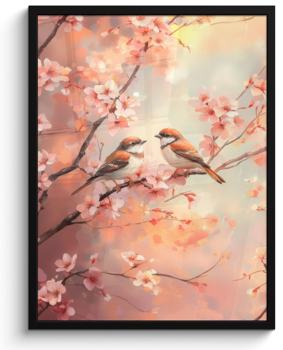 FrameYourWall Poster in lijst - Fotolijst 50x70 cm - Posters - Vogels - Romantic - Bloesemtak - Posterlijst zwart - Decoratie - Wanddecoratie woonkamer - Muurdecoratie slaapkamer Vogels - Bloesemtak