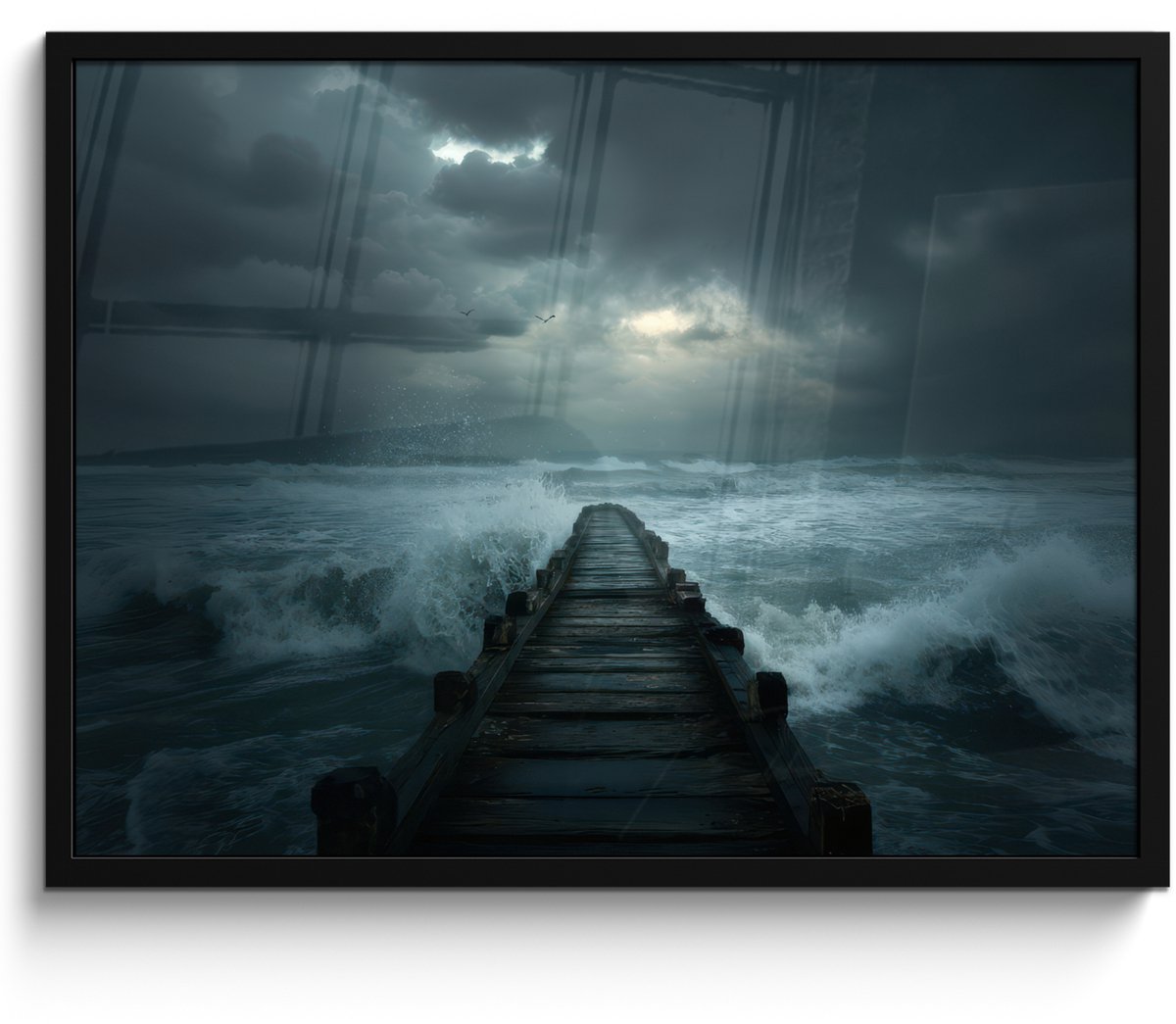 FrameYourWall Poster in lijst - Fotolijst 70x50 cm - Posters - Steiger - Storm - Golven - Posterlijst zwart - Decoratie - Wanddecoratie woonkamer - Muurdecoratie slaapkamer