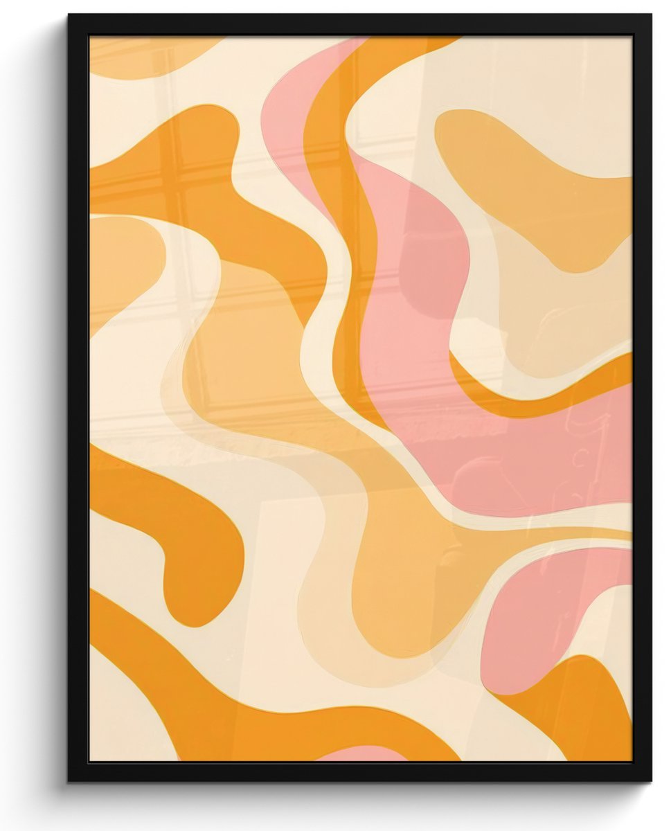 FrameYourWall Poster in lijst - Fotolijst 50x70 cm - Posters - Abstract - Golvend - Oranje - Posterlijst zwart - Decoratie - Wanddecoratie woonkamer - Muurdecoratie slaapkamer Abstract - Goldvend