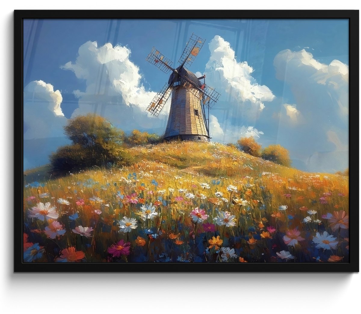 FrameYourWall Poster in lijst - Fotolijst 70x50 cm - Posters - Windmolen - Heuvel - Bloemen - Kleurrijk - Posterlijst zwart - Decoratie - Wanddecoratie woonkamer - Muurdecoratie slaapkamer