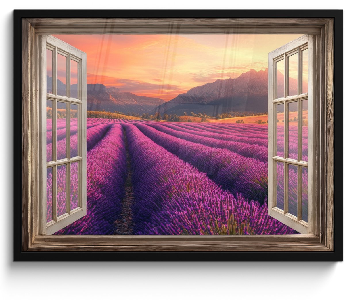 FrameYourWall Poster in lijst - Fotolijst 70x50 cm - Posters - Doorkijk - Lavendel - Landschap - Bloemen - Paars - Posterlijst zwart - Decoratie - Wanddecoratie woonkamer - Muurdecoratie slaapkamer