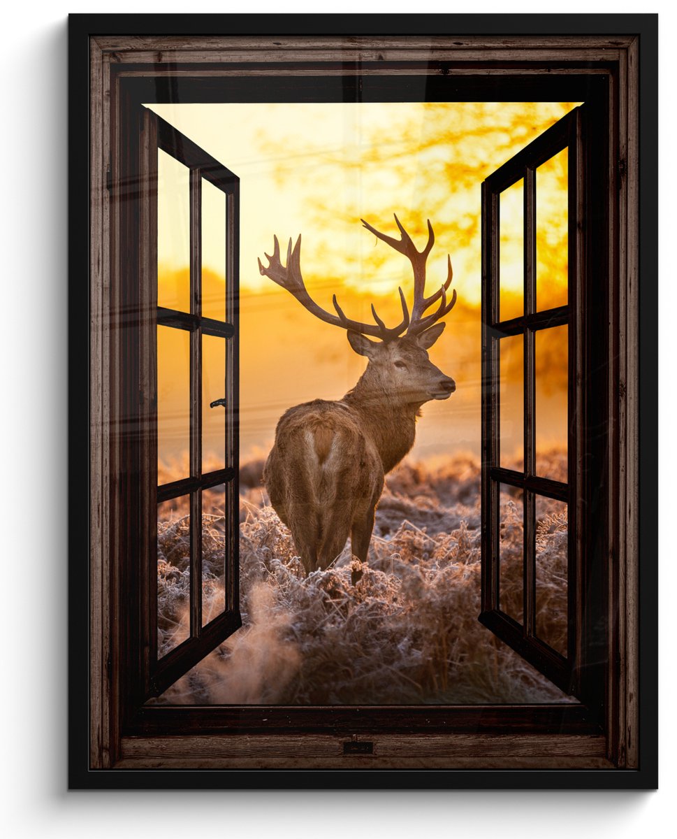FrameYourWall Poster in lijst - Fotolijst 50x70 cm - Posters - Hert - Herfst - Dieren - Natuur - Bos - Doorkijk - Posterlijst zwart - Decoratie - Wanddecoratie woonkamer - Muurdecoratie slaapkamer Bruin