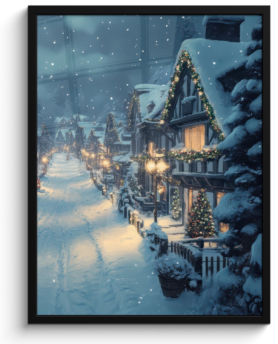 FrameYourWall Poster in lijst - Fotolijst 50x70 cm - Posters - Kerstdorp - Kerst - Sneeuw - Winter - Posterlijst zwart - Decoratie - Wanddecoratie woonkamer - Kerstdecoratie voor binnen - Kerstversiering - Kerstmis versiering in huis - Kerstaccessoires