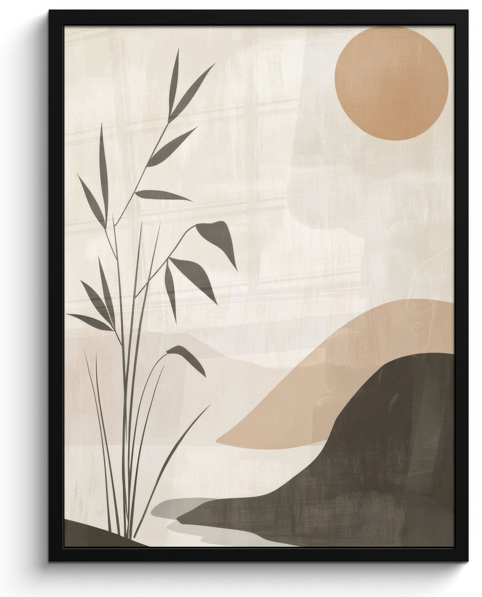 FrameYourWall Poster in lijst - Fotolijst 50x70 cm - Posters - Japandi - Landschap - Beige - Posterlijst zwart - Decoratie - Wanddecoratie woonkamer - Muurdecoratie slaapkamer Natuur