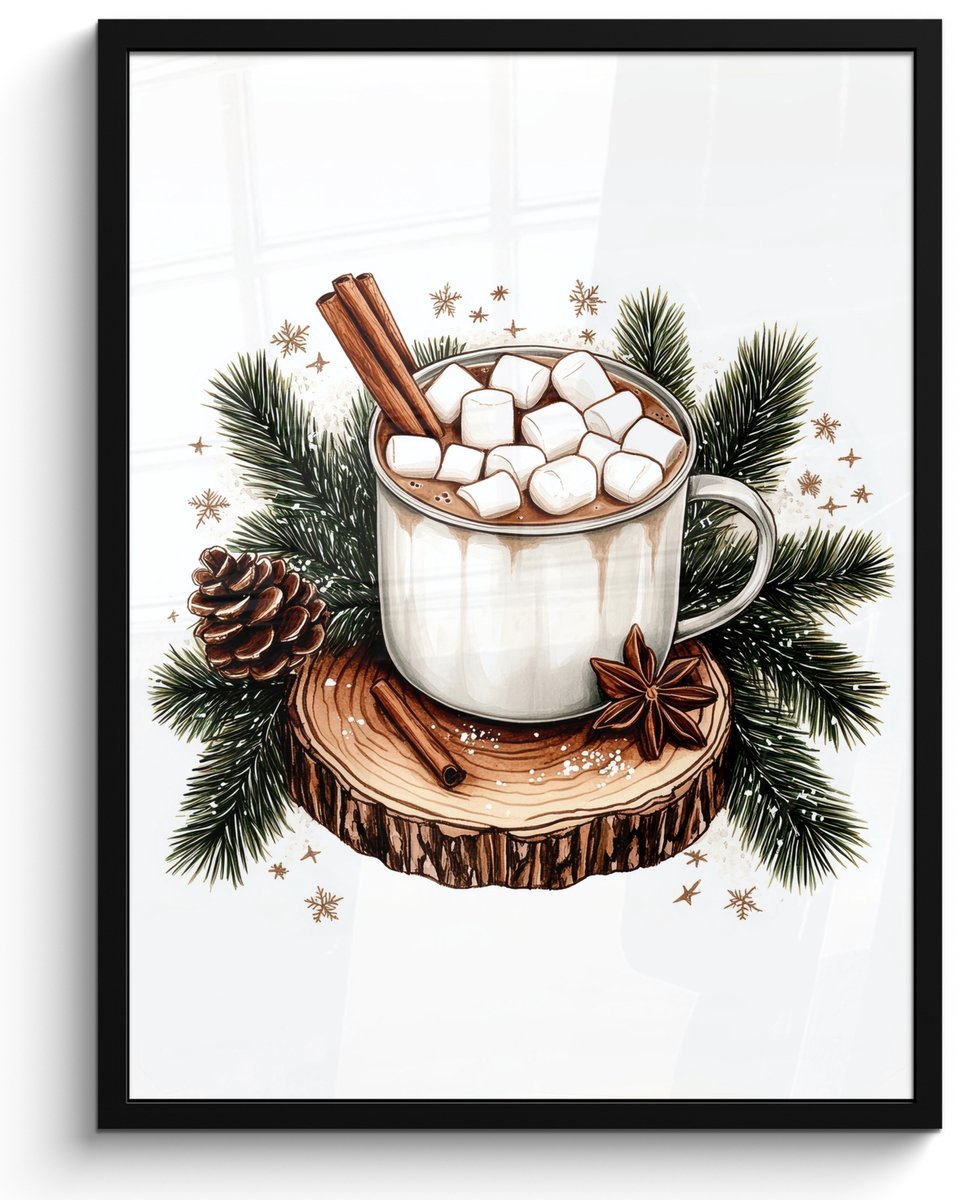 FrameYourWall Poster in lijst - Fotolijst 50x70 cm - Posters - Winter - Hout - Chocolademelk - Drink - Kerst - Posterlijst zwart - Decoratie - Wanddecoratie woonkamer - Muurdecoratie slaapkamer - Kerstversiering - Kerstdecoratie voor binnen - Kerstmis Winter - Chocolademelk
