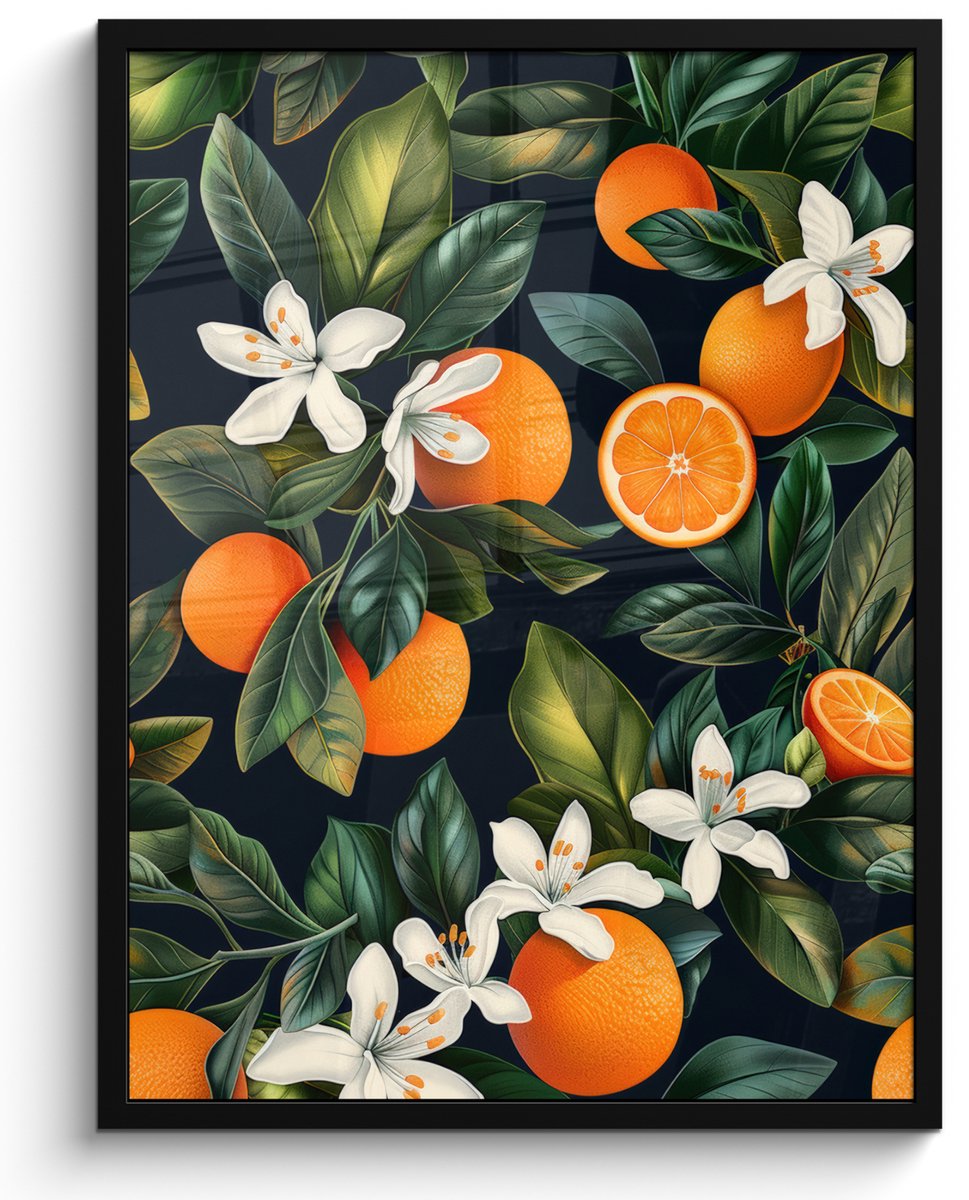 FrameYourWall Poster in lijst - Fotolijst 50x70 cm - Posters - Sinaasappels - Bloesems - Bladeren - Tropisch - Posterlijst zwart - Decoratie - Wanddecoratie woonkamer - Muurdecoratie slaapkamer Multicolor