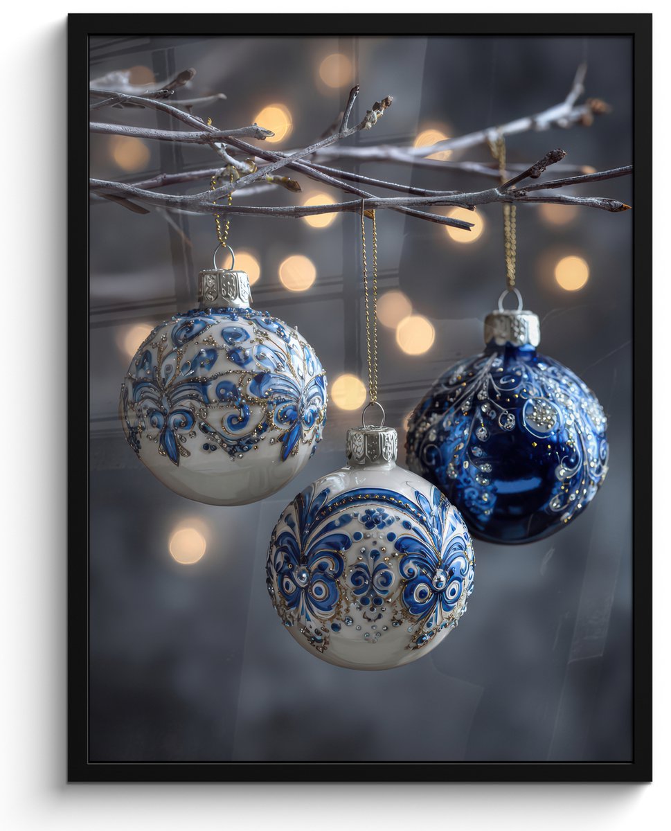 FrameYourWall Poster in lijst - Fotolijst 50x70 cm - Posters - Kerstbal - Versierd - Blauw - Posterlijst zwart - Decoratie - Wanddecoratie woonkamer - Muurdecoratie slaapkamer - Kerstversiering - Kerstdecoratie voor binnen - Kerstmis
