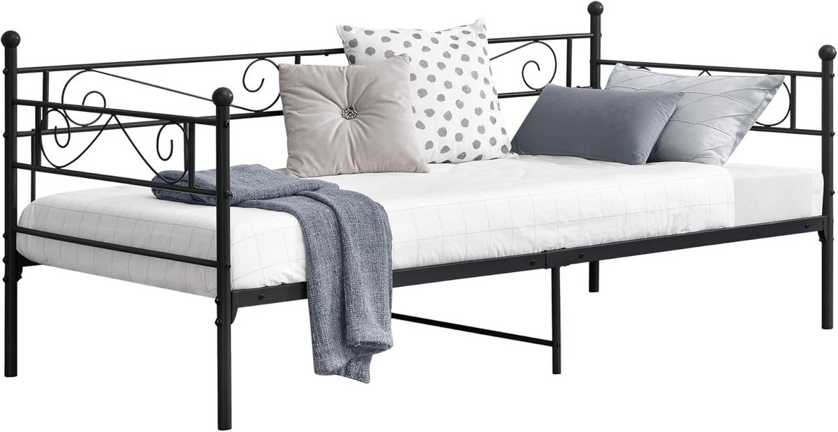 Zwarte Eenpersoons Slaapbank en Dagbed 90x200 cm - Metalen Frame