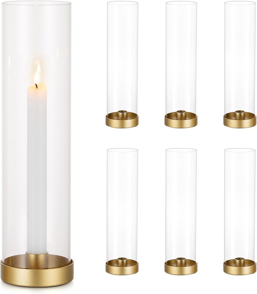 Set van 6 Gouden Kandelaars voor Tafeldecoratie en Bruiloften - Metalen Standaards met Glazen Windlichten