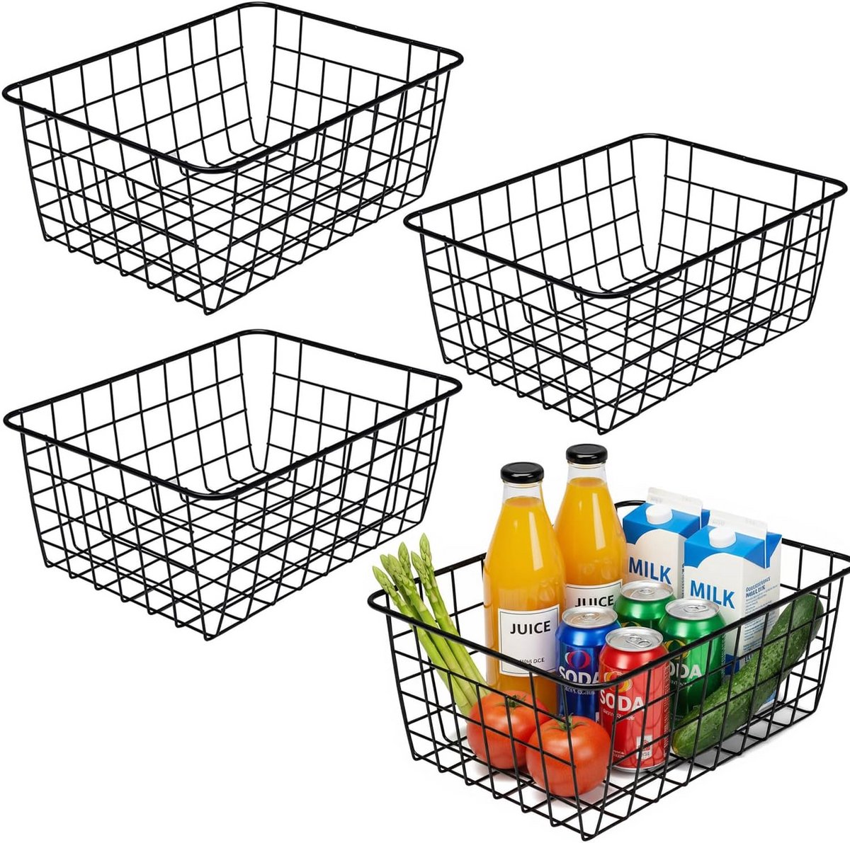 Set van 4 Metalen Opbergmanden met Handvatten - Keuken, Koelkast, Voorraadkast & Badkamer Organizer