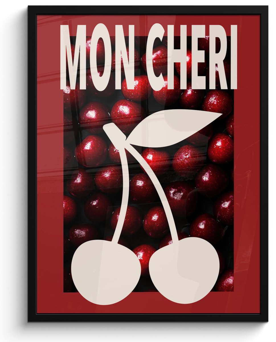 FrameYourWall Fotolijst inclusief poster - Posterlijst 50x70 cm - Posters - Kersen - Illustratie - Rood - Foto in lijst - Keuken decoratie muur - Wanddecoratie accessoires - Muurdecoratie - Schilderijen Mon Cheri
