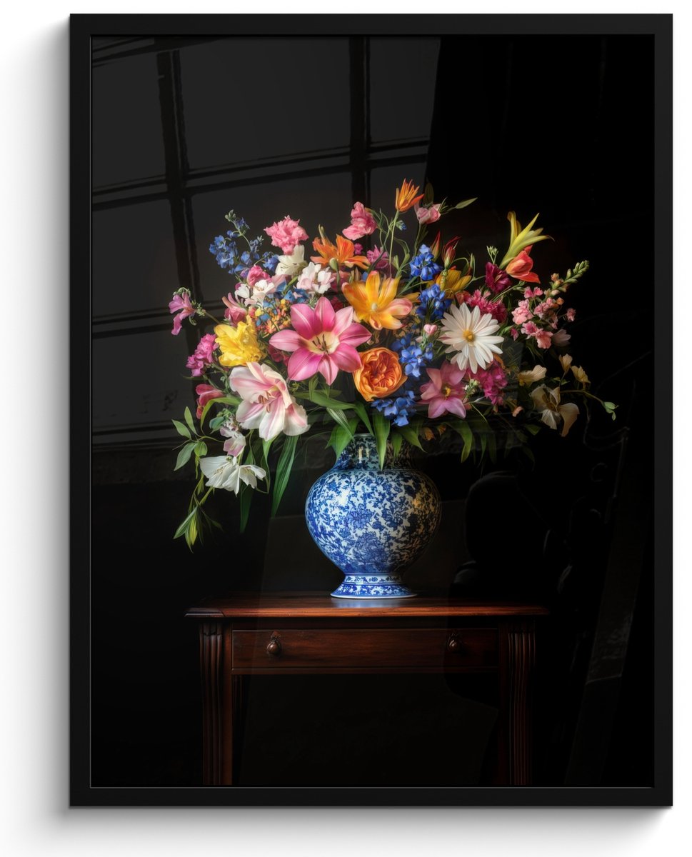 FrameYourWall Poster in lijst - Fotolijst 50x70 cm - Posters - Kleur - Vaas - Bloemen - Boeket - Posterlijst zwart - Decoratie - Wanddecoratie woonkamer - Muurdecoratie slaapkamer Bloemen - Kleurrijk