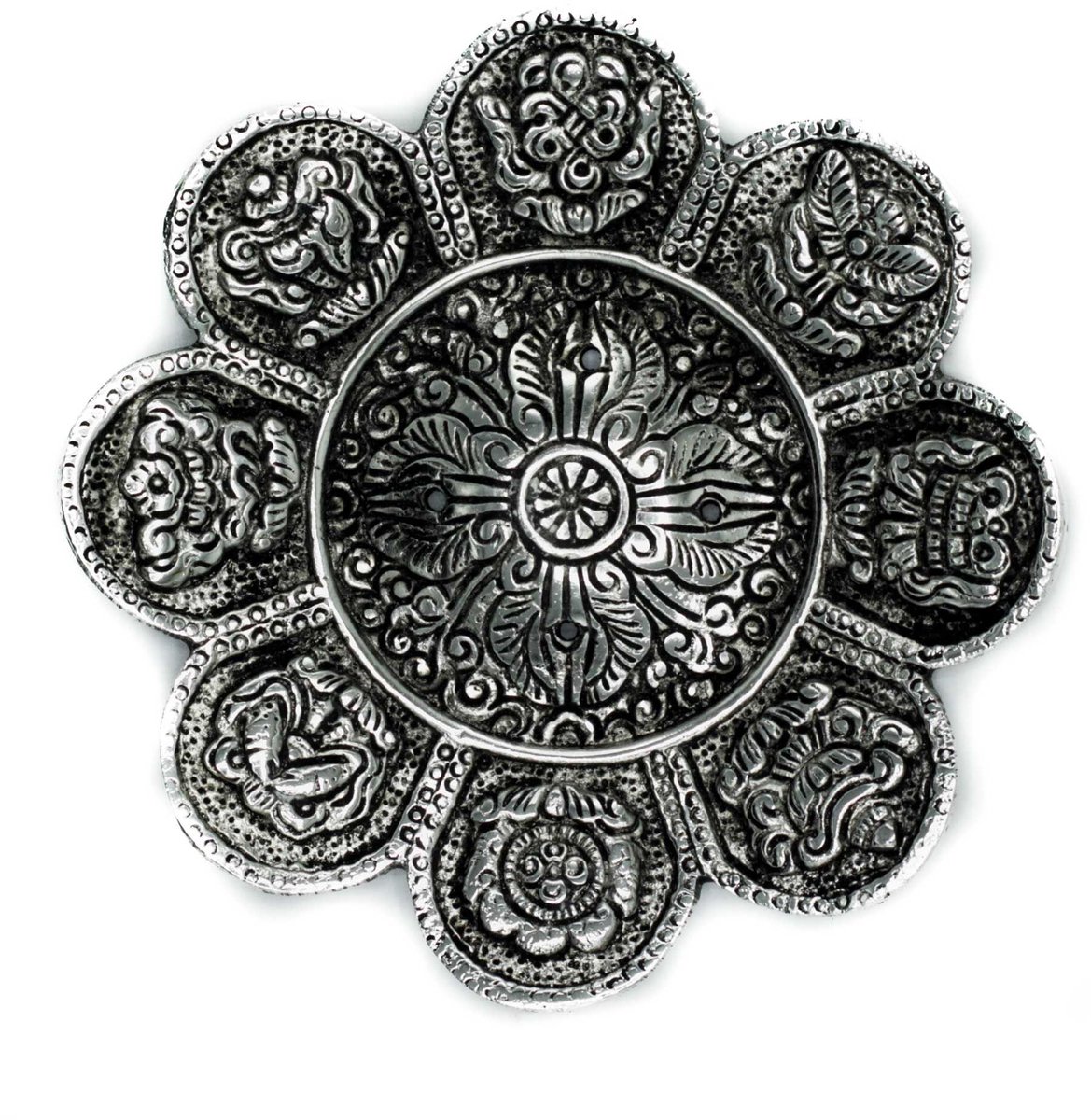 Ancient Wisdom Polished Aluminium Tibetan Symbols Incense Holder 12cm multicolor