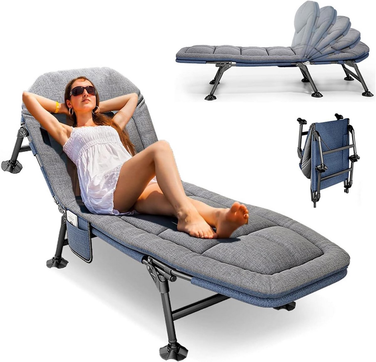 Opvouwbaar Campingbed met Verstelbare Rugleuning en Zijvakken - Draagbaar Reizen & Logeerbed