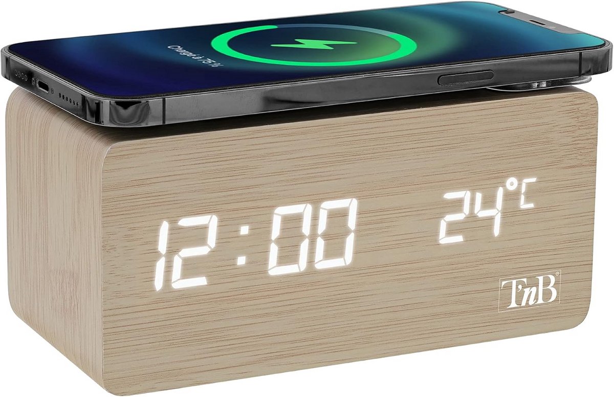 Houten Digitale Wekker met Draadloze Oplader en 3 Alarmen