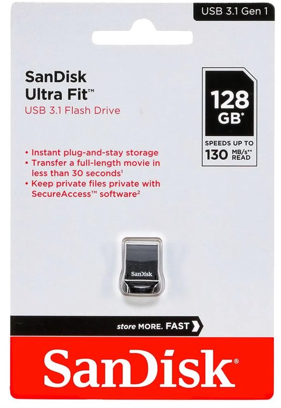 SANDISK Ultra Fit 128 GB - Compacte mini USB-stick - USB 3.1 A - Zwart