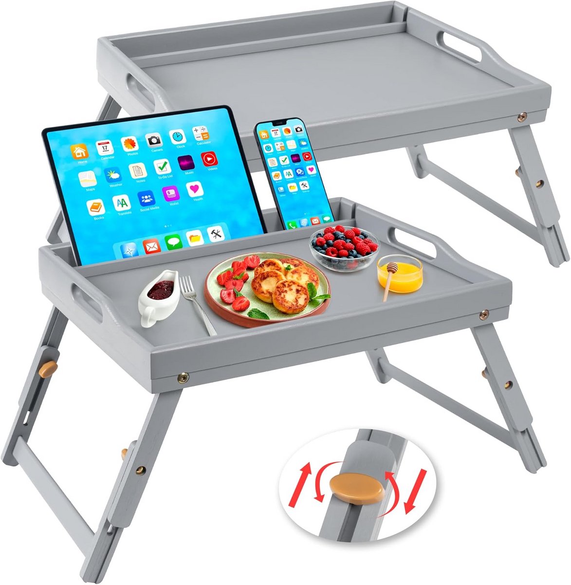 2x Bamboe Bedlade Tafel met Inklapbare Poten - Laptop Bureau & Serveerblad