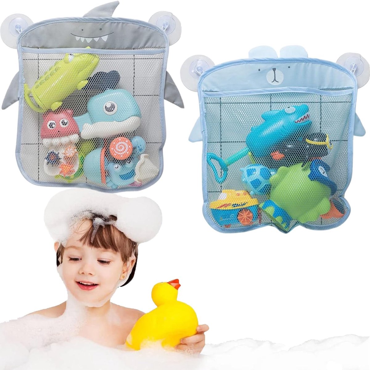 Opbergtasjes van mesh voor speelgoed in de badkamer (set van twee) - Leuk haai- en berendesign - Sneldrogende hangtasjes - Opbergoplossing voor de kinderbadkamer