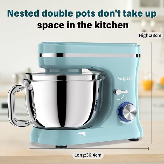 Krachtige Staande Keukenmixer met 2 RVS Kommen en 1000W Motor — afbeelding 3