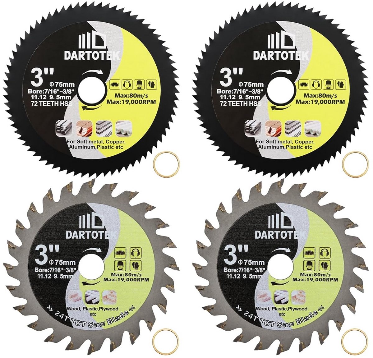 Set van 4 Cirkelzaagbladen 75mm voor Hout, Kunststof en Zacht Metaal