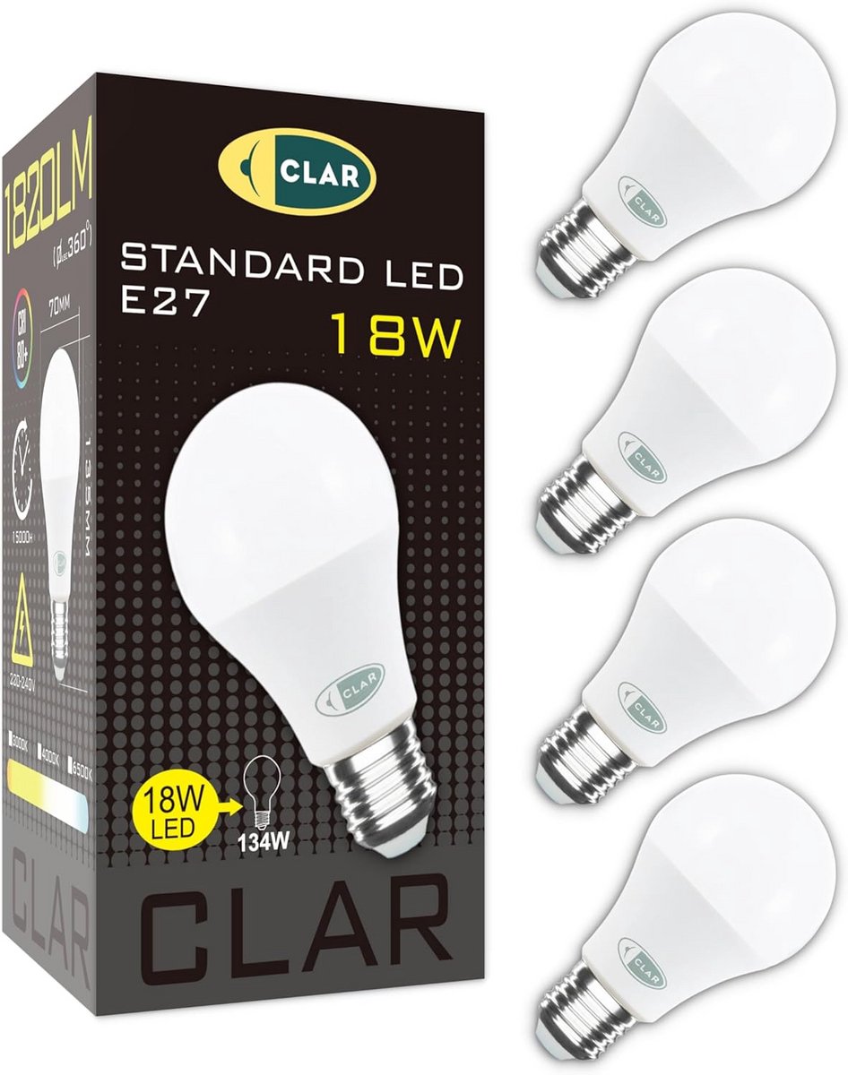 Set van 4 E27 LED Lampen 18W Warm Wit Licht 3000K Energiezuinig