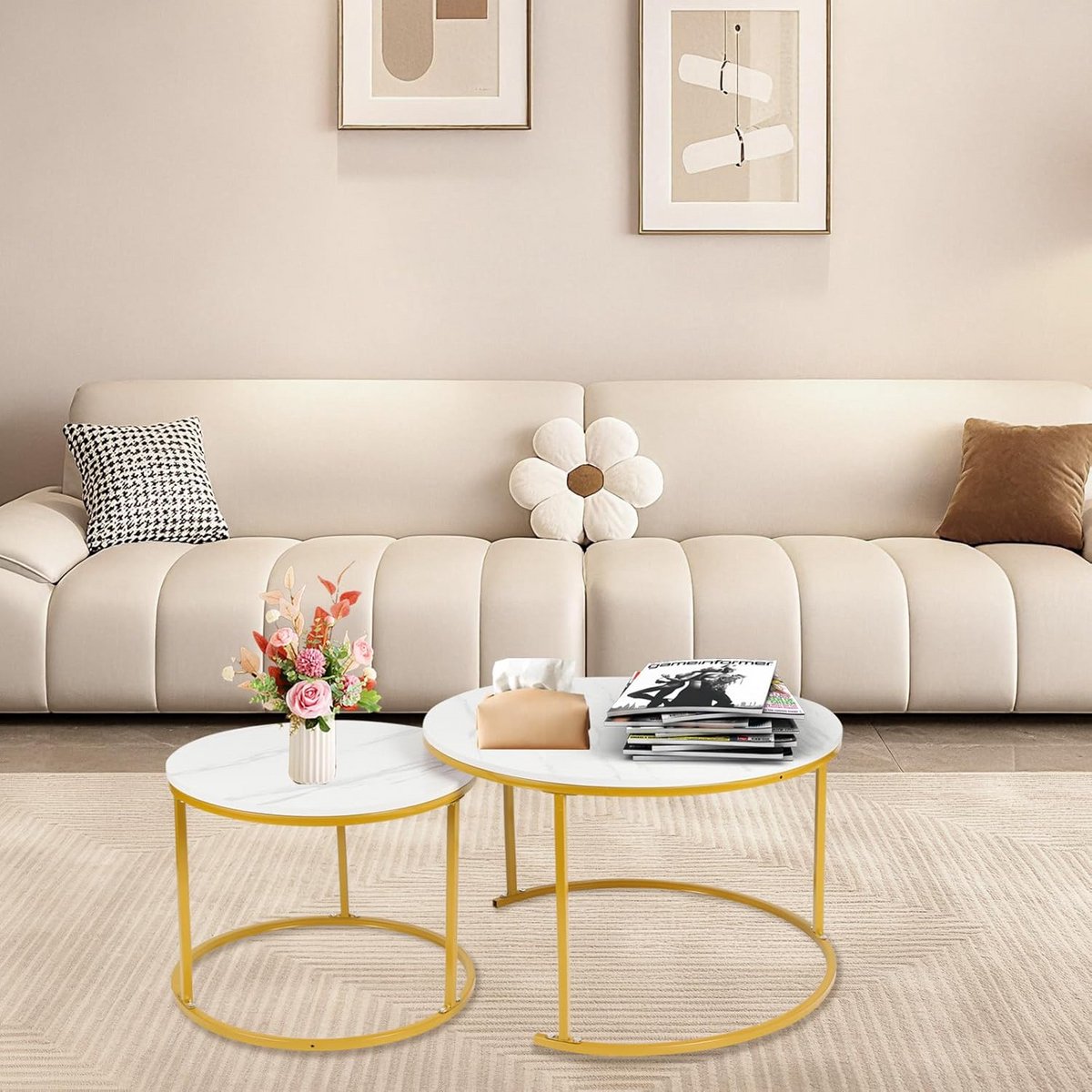 Set van 2 ronde salontafels uitschuifbaar marmerlook en goud metalen frame