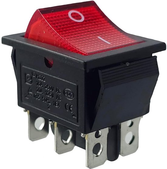 Produktbild von Beleuchteter Wippschalter DPDT – Einrastend, 22 X 30 Mm, 6-polig, 6,3 Mm Flachstecker, 250V AC 16A / 125V AC 20A, Legende I-O, Rotes Licht
