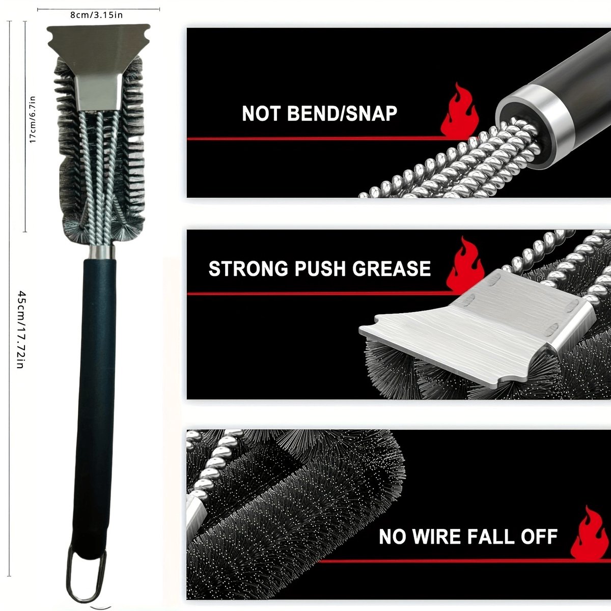 BBQ Grill Brush with Triple-Headed Three-Layer Steel Wire, Stainless Steel Scraper and Plastic Handle, Outdoor Grill Cleaning Brush for Most Grates
