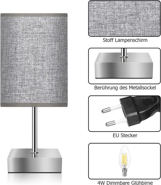 Nachtlampje - Tafellamp - Touch Bediening - Dimbaar - Nachtlampje Slaapkamer - Tafellamp Woonkamer - 3 Helderheidsniveaus - Linnen Lampenkap - Bedlampje - E14 Fitting - Inclusief LED Lamp - Modern Nachtlampje - Sfeerverlichting - Nachtkastje Lamp van Merkloos — afbeelding 4