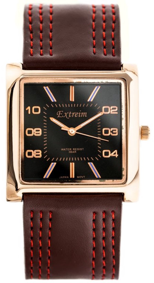Extreim - Dameshorloge - 34mm - Bruin/Rood Band - Zwarte Tijl