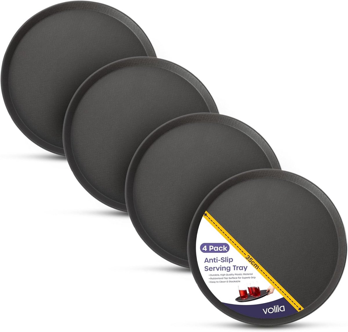 Set van 4 Ronde Serveer Schalen Zwart met Antislip en Hoge Rand (Diameter 35 cm)