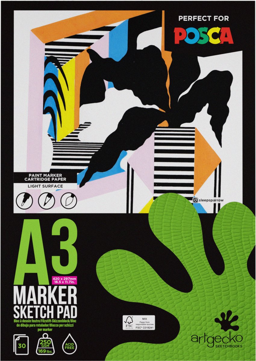 Artgecko schetsblok markers A3 zwart papier 250gr 30 vel creatief.