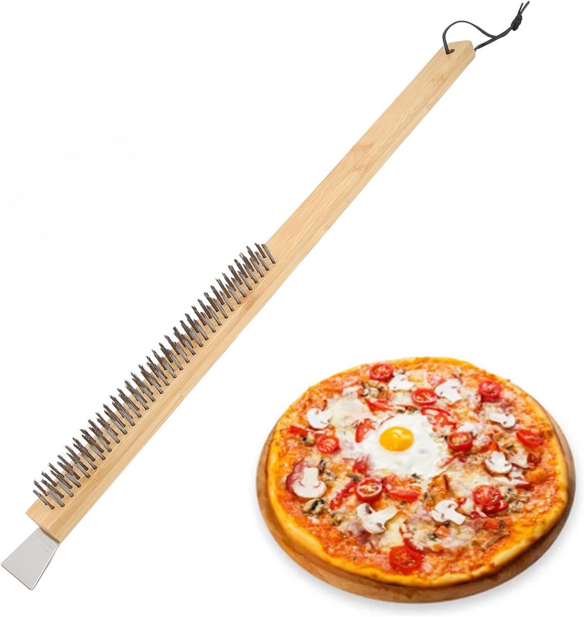 Pizzasteenborstel met koperdraad en schraper voor pizzaoven en bakplaat