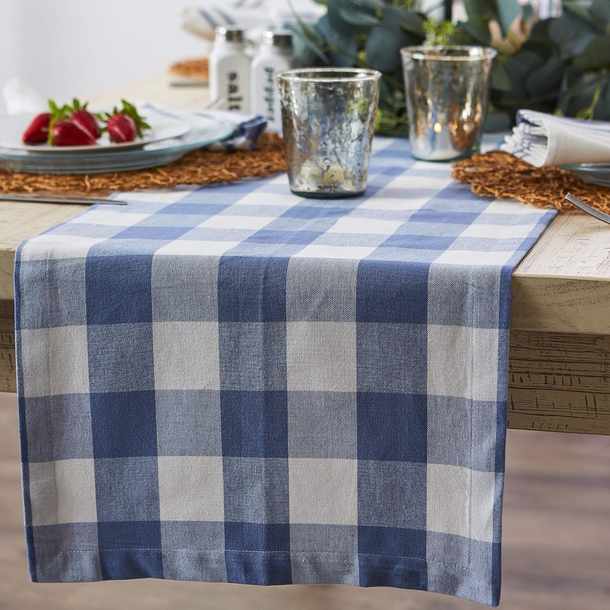 Geruite Tafelloper 35x274 cm - Klassiek Landhuis Stijl - Stonewash Blauw