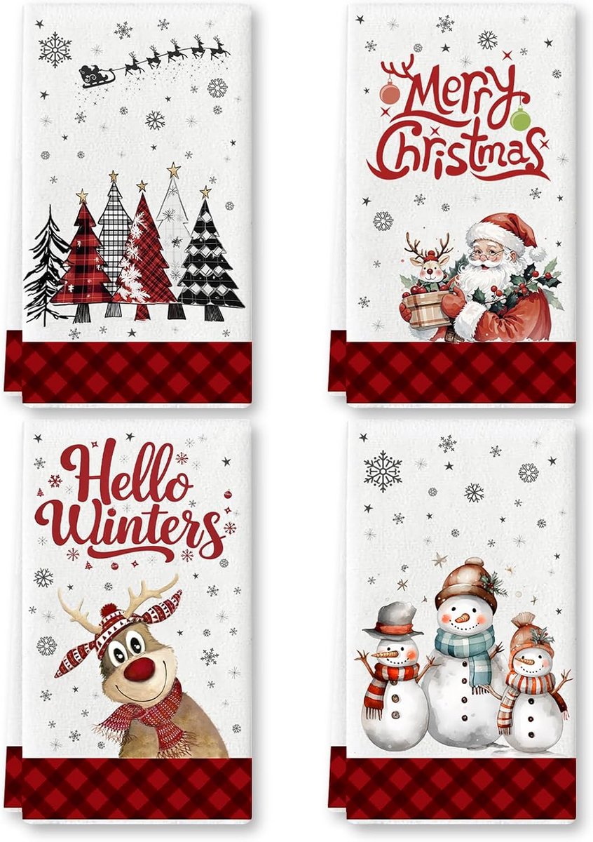 Set van 4 Kerst Theedoeken - Absorberende Keukendoeken 60x40 cm