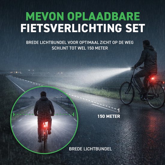 Mevon Fietsverlichting Set - Fietslampjes - Voor- & Achterlicht - 400 Lumen - Fietslamp - USB-C Oplaadbaar - Fietslichten van Mevon — afbeelding 3