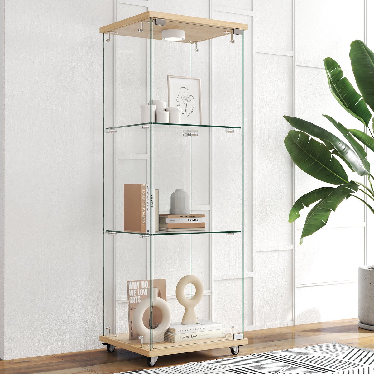 STILVORA Vitrinekast - Glazen Displaykast Met Ledverlichting En Deur - Voor Woonkamer Slaapkamer En Kantoor - MDF En Glas - Naturel - 42,5x36,5x120 Cm Natuurlijk