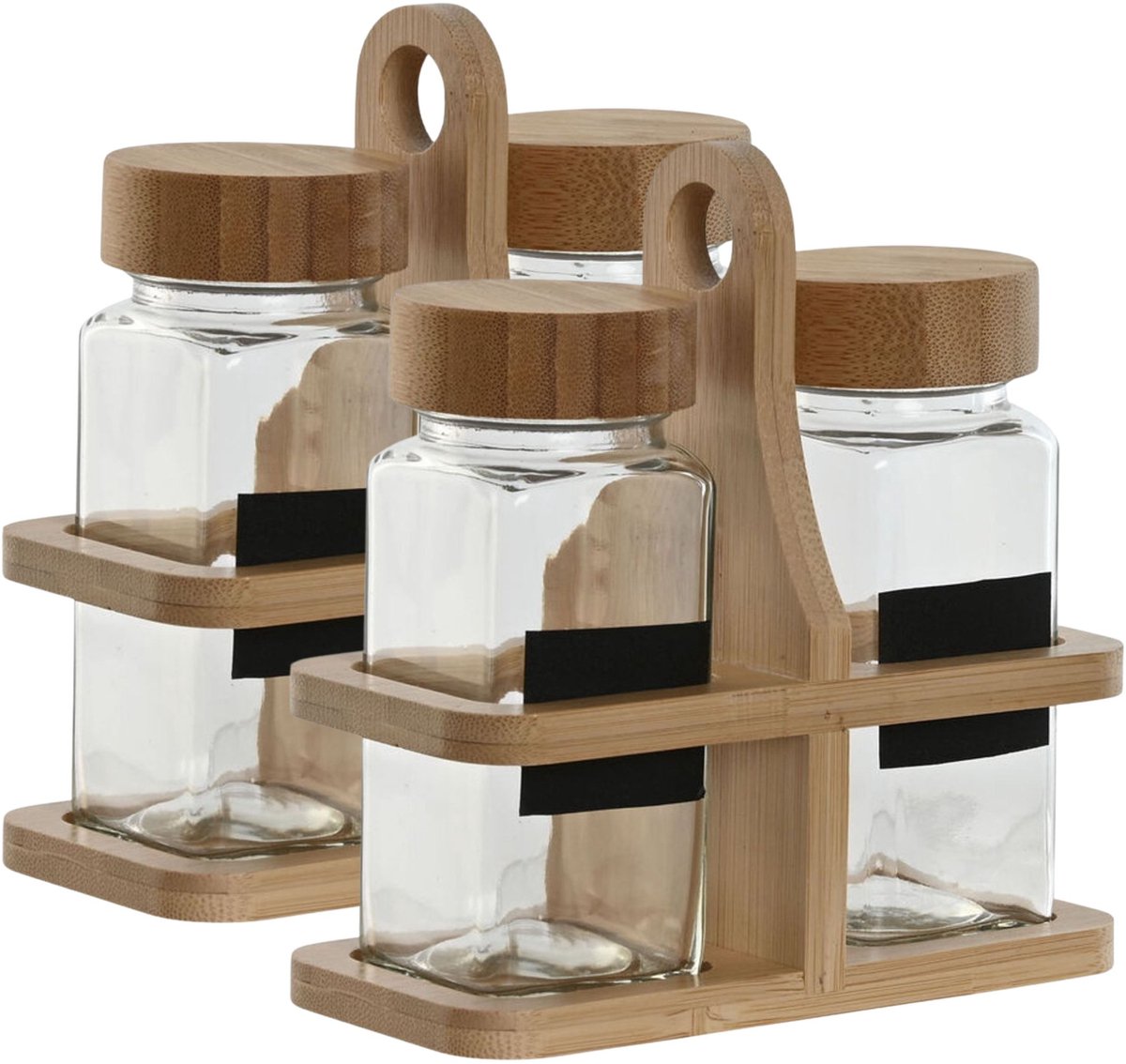 Item Int. Kruidenrek - 2x set - bamboe houder - glas - 4x pot - 120 ml - 13 x 6 x 13 cm