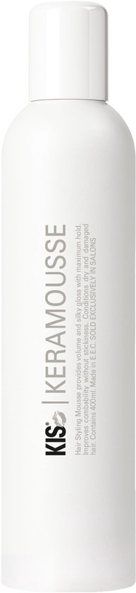 Witte spuitbus KIS KERAMOUSSE haarmousse, 400ml. Geeft volume en glans met maximale hold.