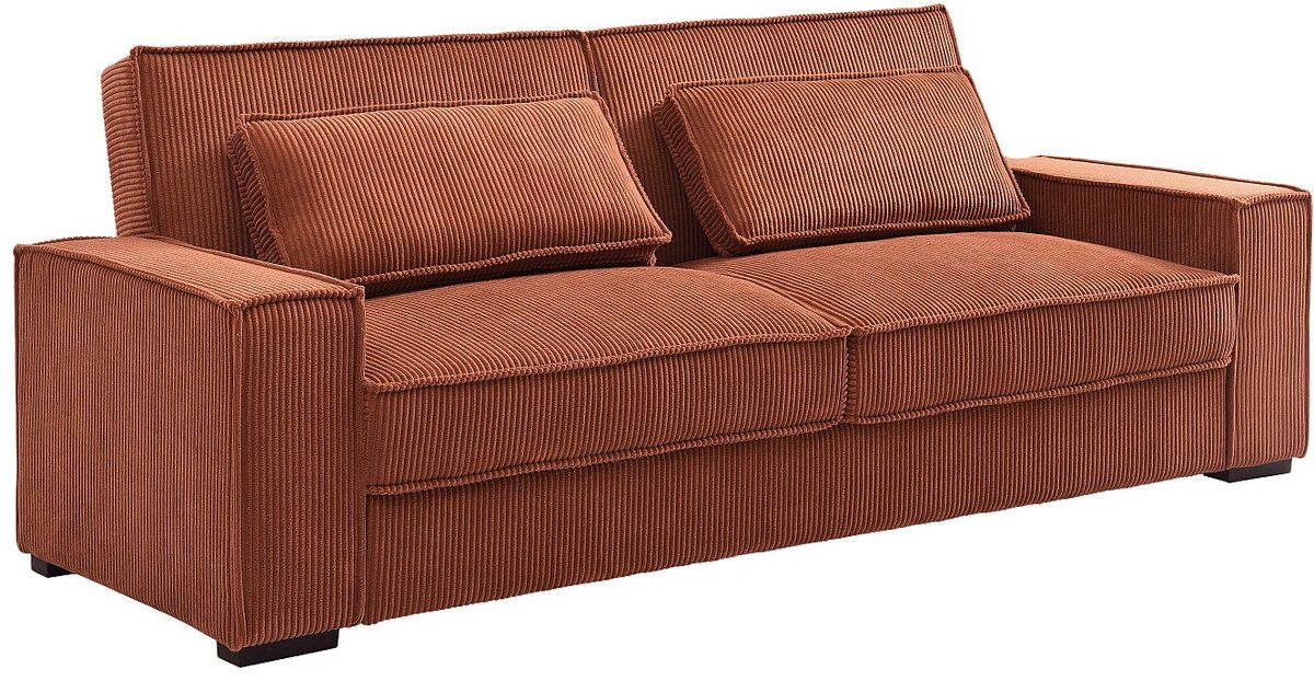 Vente-unique Driezitsslaapbank van terracottakleurig ribfluweel FINORO