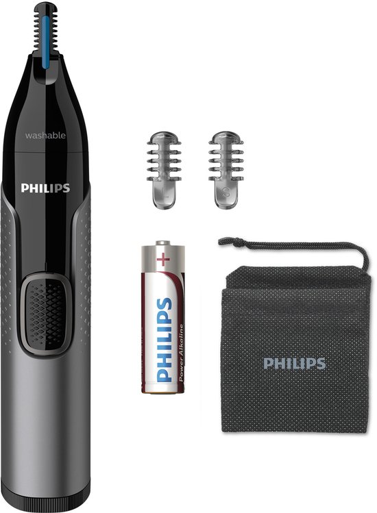 Zwarte en zilverkleurige Philips neustrimmer met accessoires: batterij, 2 opzetkammen en etui.
