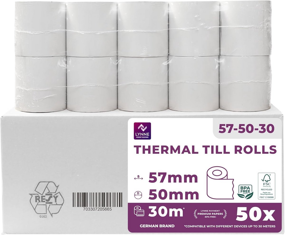 50 Thermorollen Kassabonnen 57mm x Diameter 50mm voor Bonprinters