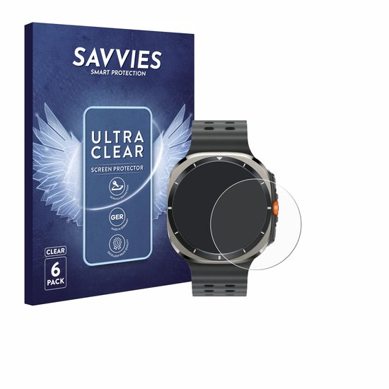 Savvies Ultra Clear Screen Protector verpakking met een Samsung Galaxy Watch Ultra met een folie die deels is aangebracht.