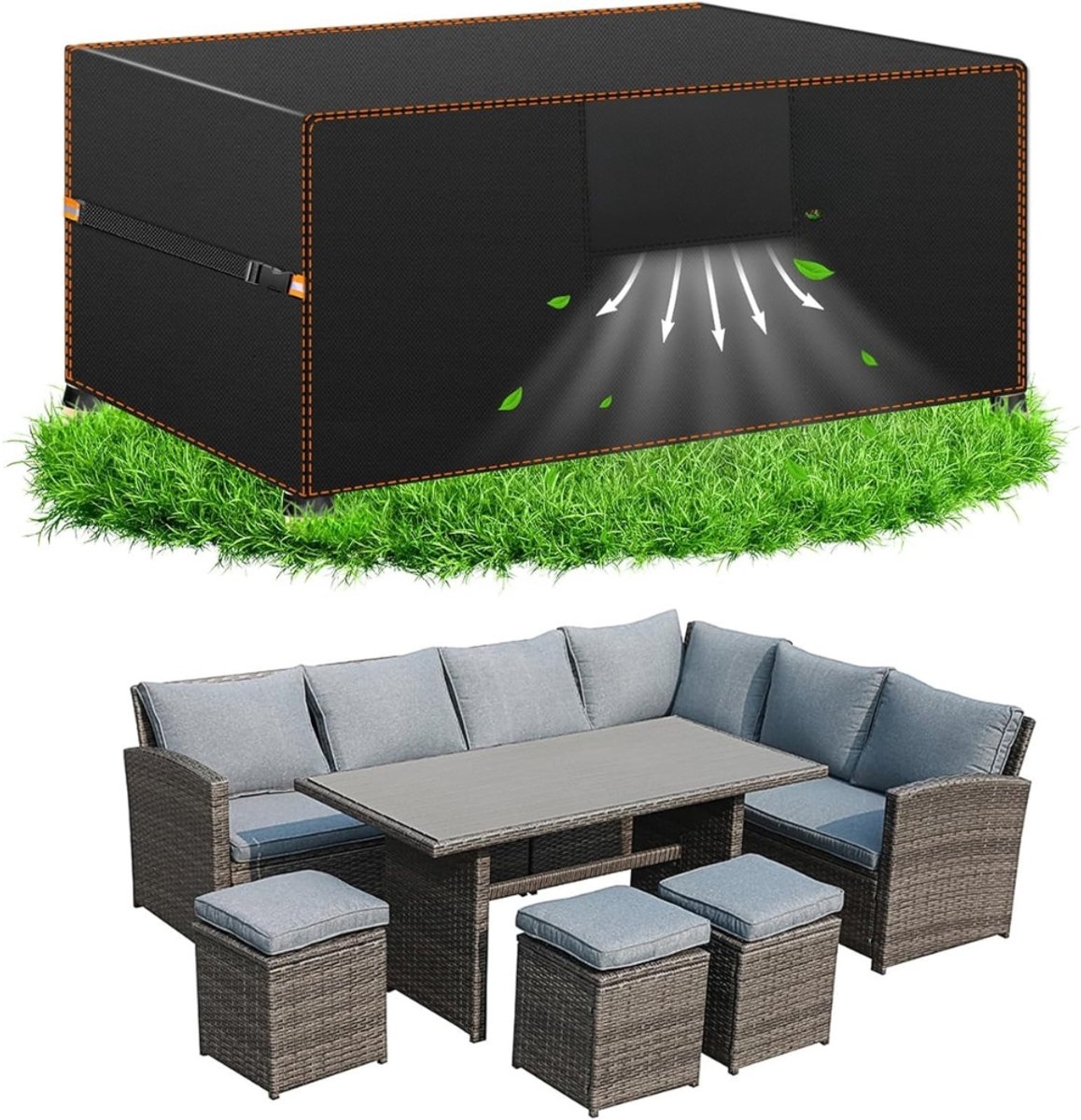 Famanu Afdekking voor Tuinmeubelen Winterbestendig | Dekzeildak met Ventilatieopeningen | 420D Oxford-stof Beschermhoes Waterdicht Regenbestendig - Winddicht | Beschermhoes voor Rattanmeubelen zwart