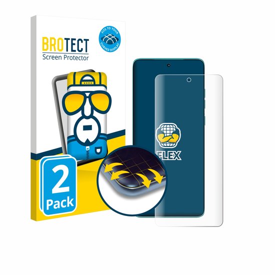 BROTECT Screen Protector verpakking met cartoon gezicht en "FLEX" logo, naast een telefoon met gebogen scherm en twee schermbeschermers.